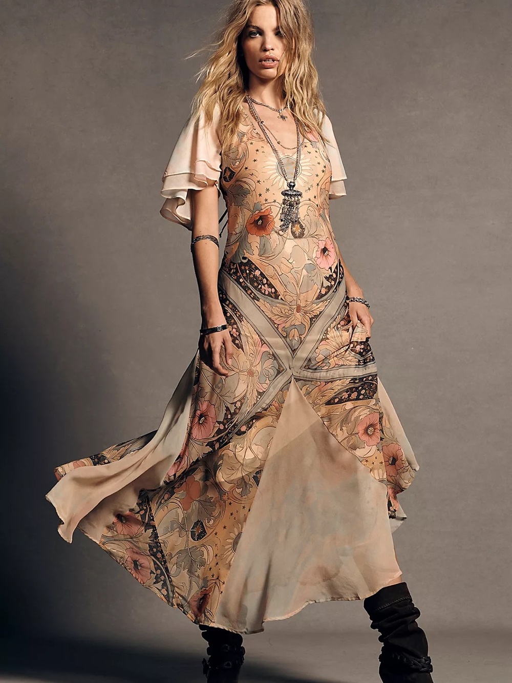 Free People Peach Floral Boho Maxi Dress